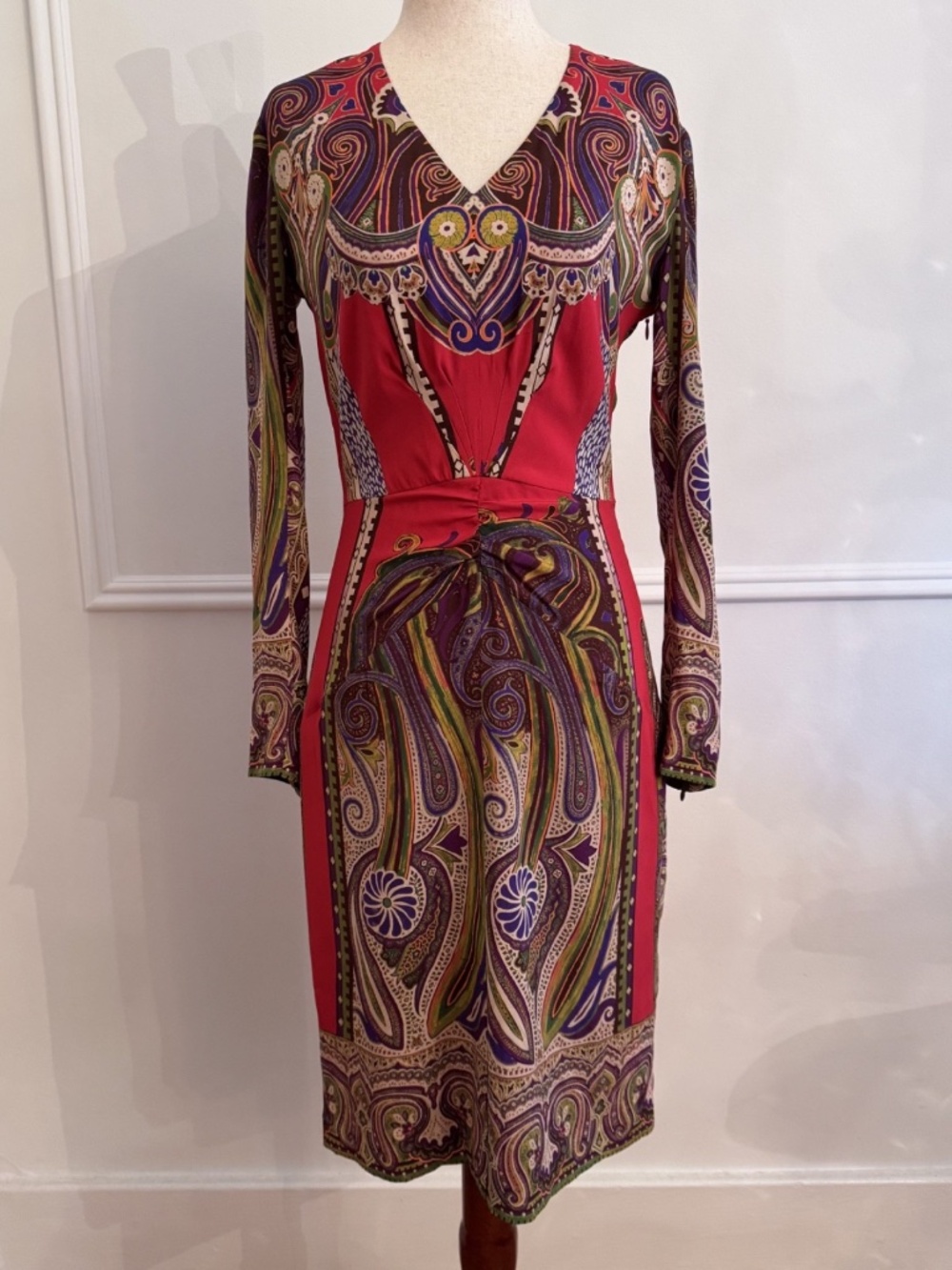 Etro Milano Paisley Print Silk Dress Ruched Waist Size 42 US 6 Made Italy